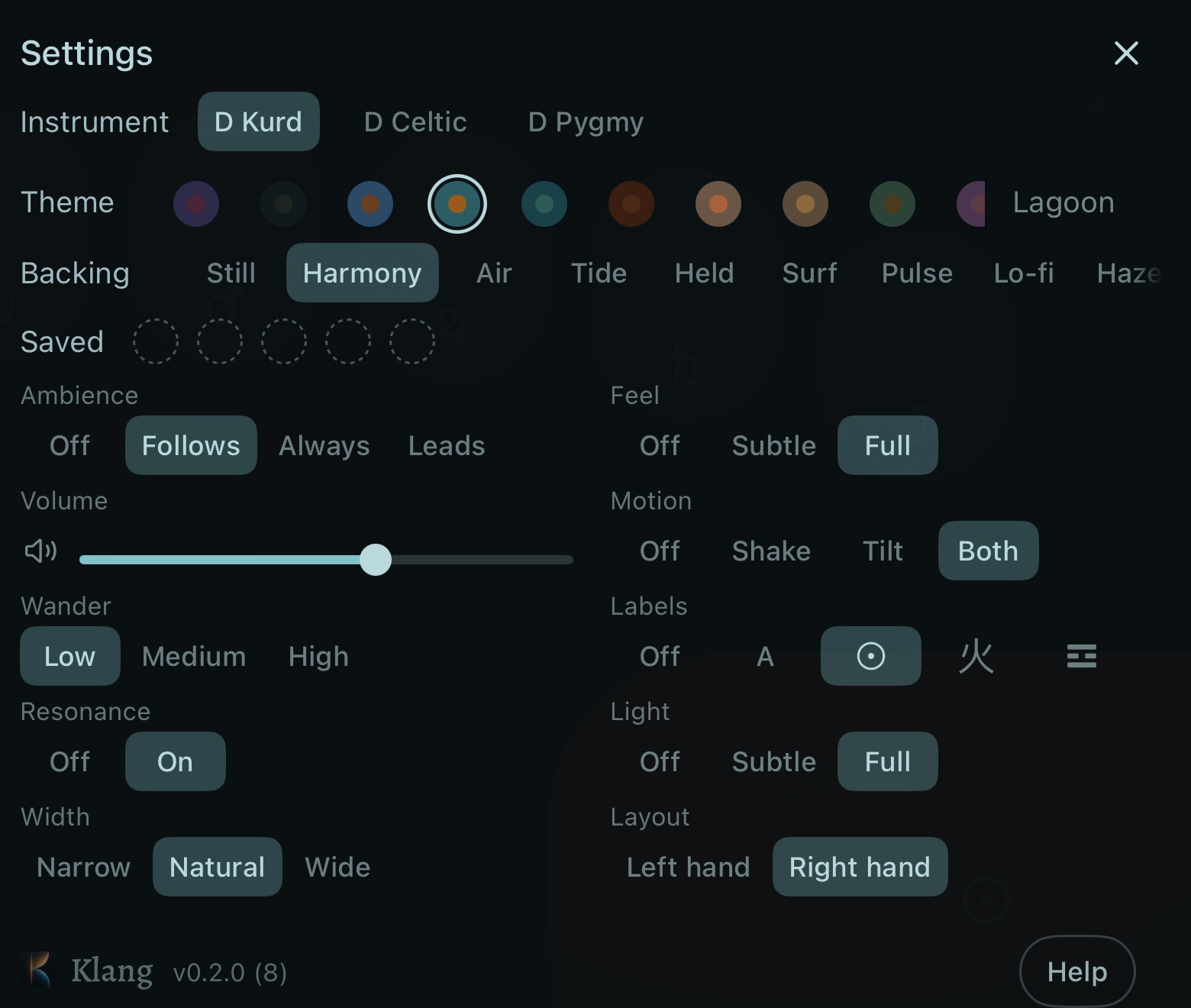 The settings panel: the rows Instrument, Theme, Backing and Saved across the top, then Ambience, Volume, Wander, Resonance and Width on the left and Feel, Motion, Labels, Light and Layout on the right